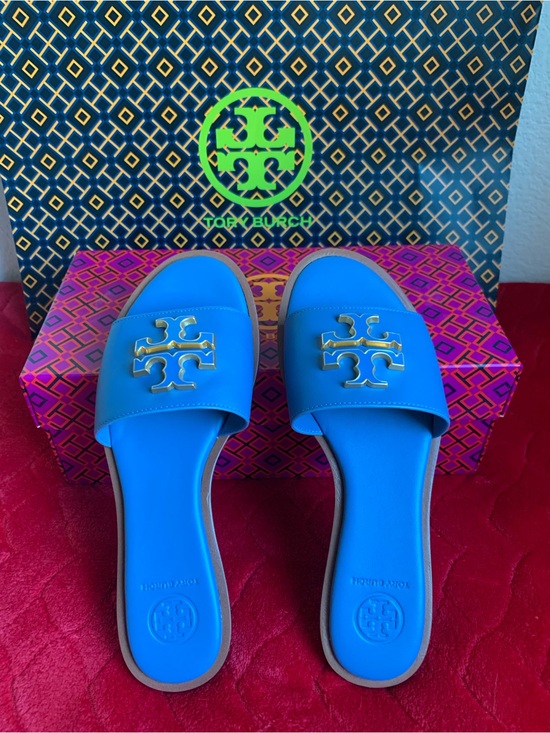 Tory Burch Shoes - Tory Burch Blue Slide Sandals with Gold Logo
